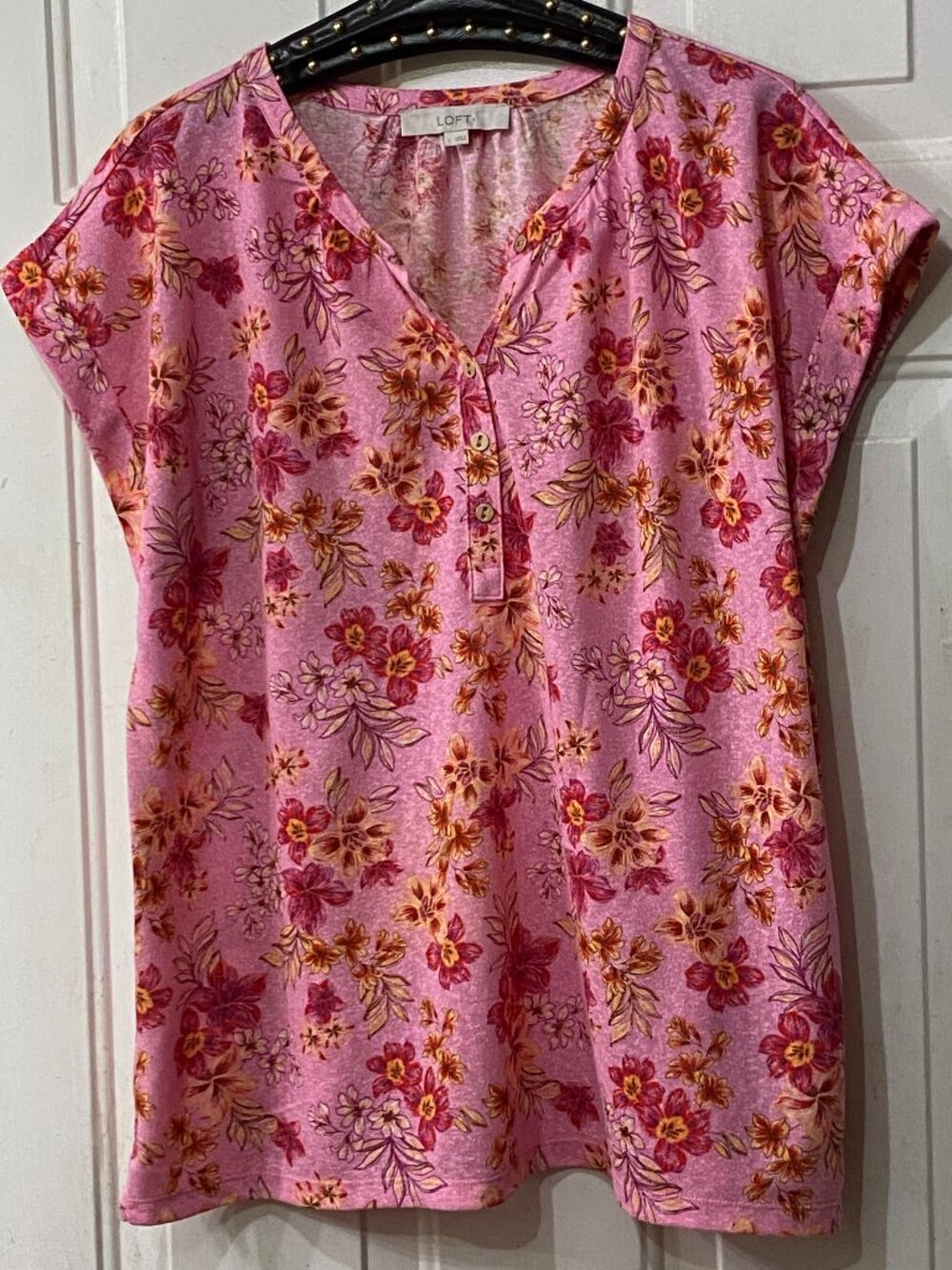 NEW LOFT Sz L Womens Knit Blouse Popover Cap Sleeve Pink/Red Fl